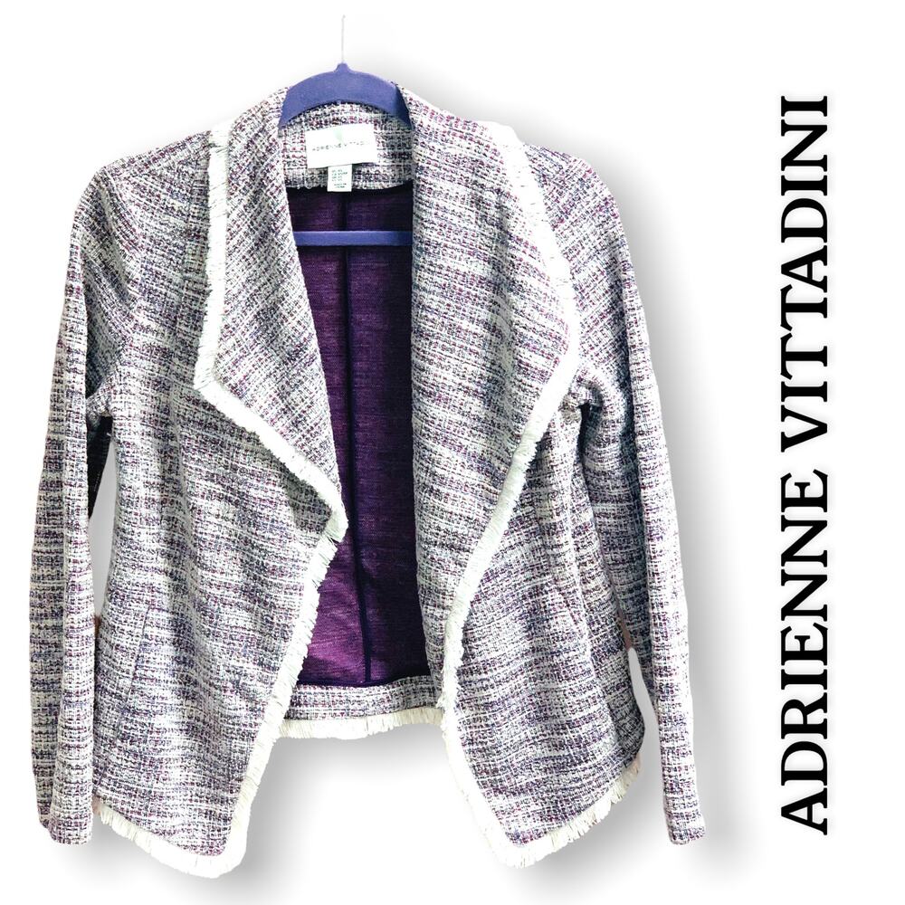 Adrienne Vittadini Purple Stretch Tweed Open Front Fringe Blazer Womens Medium